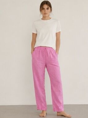 Relaxed Drawstring Linen Pants - Pink